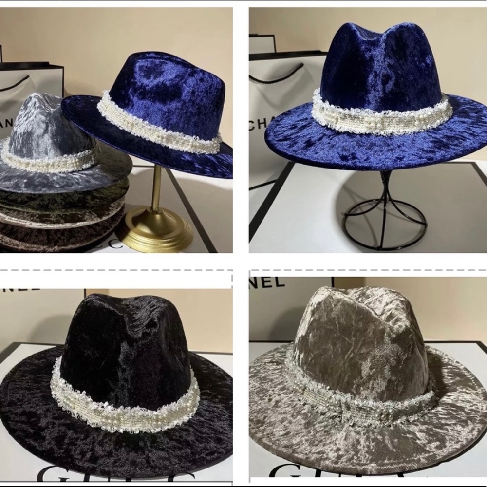 NEW, Crushed Velvet Wide Brim Fedora, BLACK, BLUE, OR BEIGE